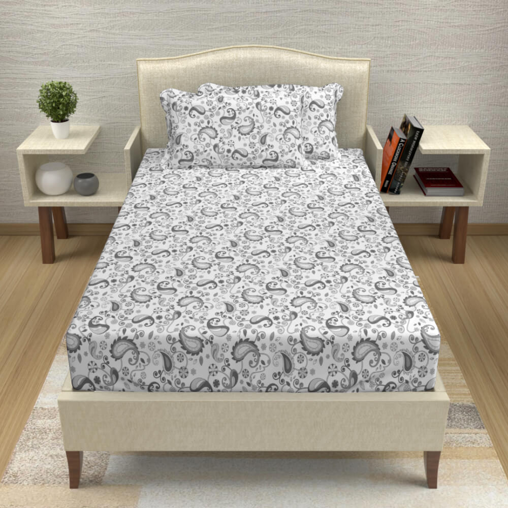 buy ash grey paisley cotton single bed bedsheets online – side view